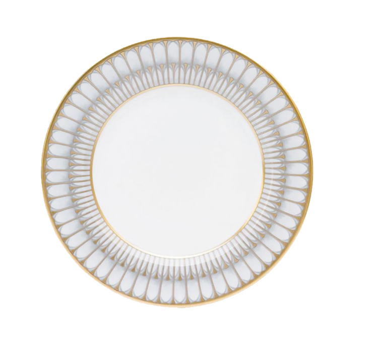 A Philippe Deshoulieres Arcades Gold porcelain plate with an ornate gold and gray border, shown from above on a plain white background.