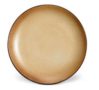 The Terra Leather Dinnerware by L'Objet features a smooth, light brown ceramic plate with a darker rim. Its elegant glazed finish and round design make it ideal for displaying hand-crafted table settings.