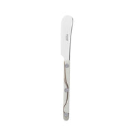 The Sabre Bistrot Dune Butter Spreader Ivory features a rounded tip, stainless steel blade, and an ivory handle with three metal rivets, shown on a plain white background.