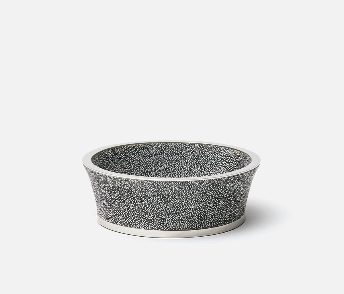 The Blue Pheasant Angelica Grey Shagreen Wine Coaster features a round, tapered, textured dark gray bowl with elegant silver rim detailing—an ideal dinner party gift—shown on a plain white background.