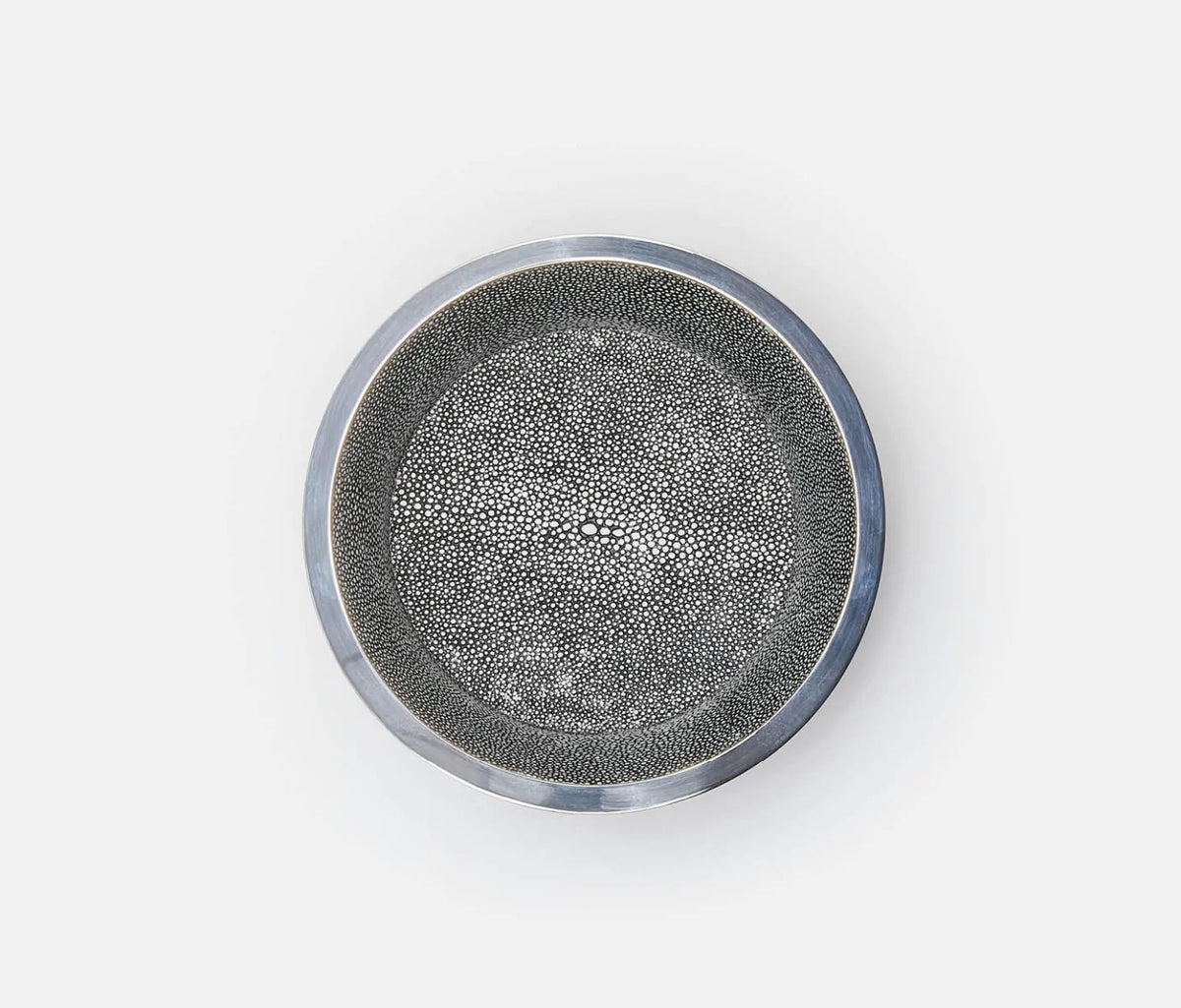 The Angelica Grey Shagreen Wine Coaster by Blue Pheasant features elegant silver detailing and a textured, dotted center—an ideal gift for a sophisticated dinner party.