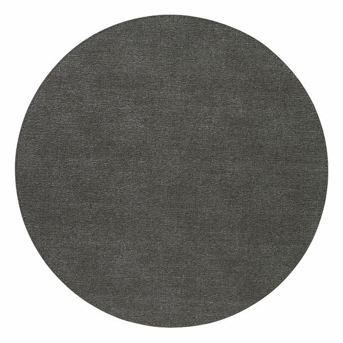 The Bodrum Presto Placemat Round Charcoal Set of 4 features round, dark gray vinyl mats with a stonewashed linen look and smooth texture, photographed from above on a white background. Easy-care and stylish for any space.