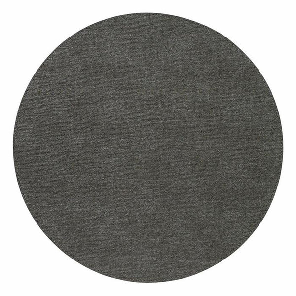 The Bodrum Presto Placemat Round Charcoal Set of 4 features round, dark gray vinyl mats with a stonewashed linen look and smooth texture, photographed from above on a white background. Easy-care and stylish for any space.