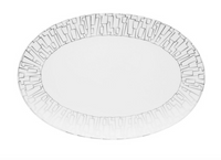 The Skin Platinum TAC 02 Dinnerware by Rosenthal features a white oval porcelain plate with geometric, maze-like platinum accents around the rim and an unadorned center.