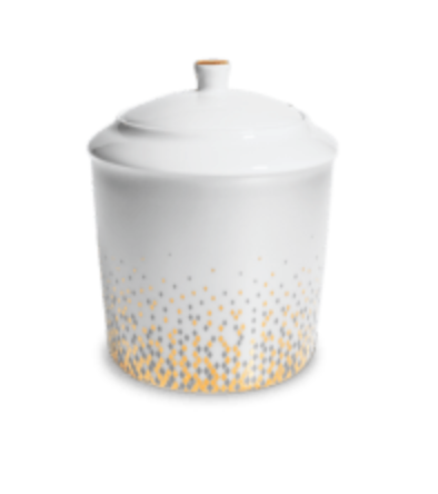 The Souffle D'or Dinnerware jar by Haviland is a white ceramic piece with a lid, featuring gold and gray dots clustered at the base and gradually fading upward, inspired by Limoges porcelain.