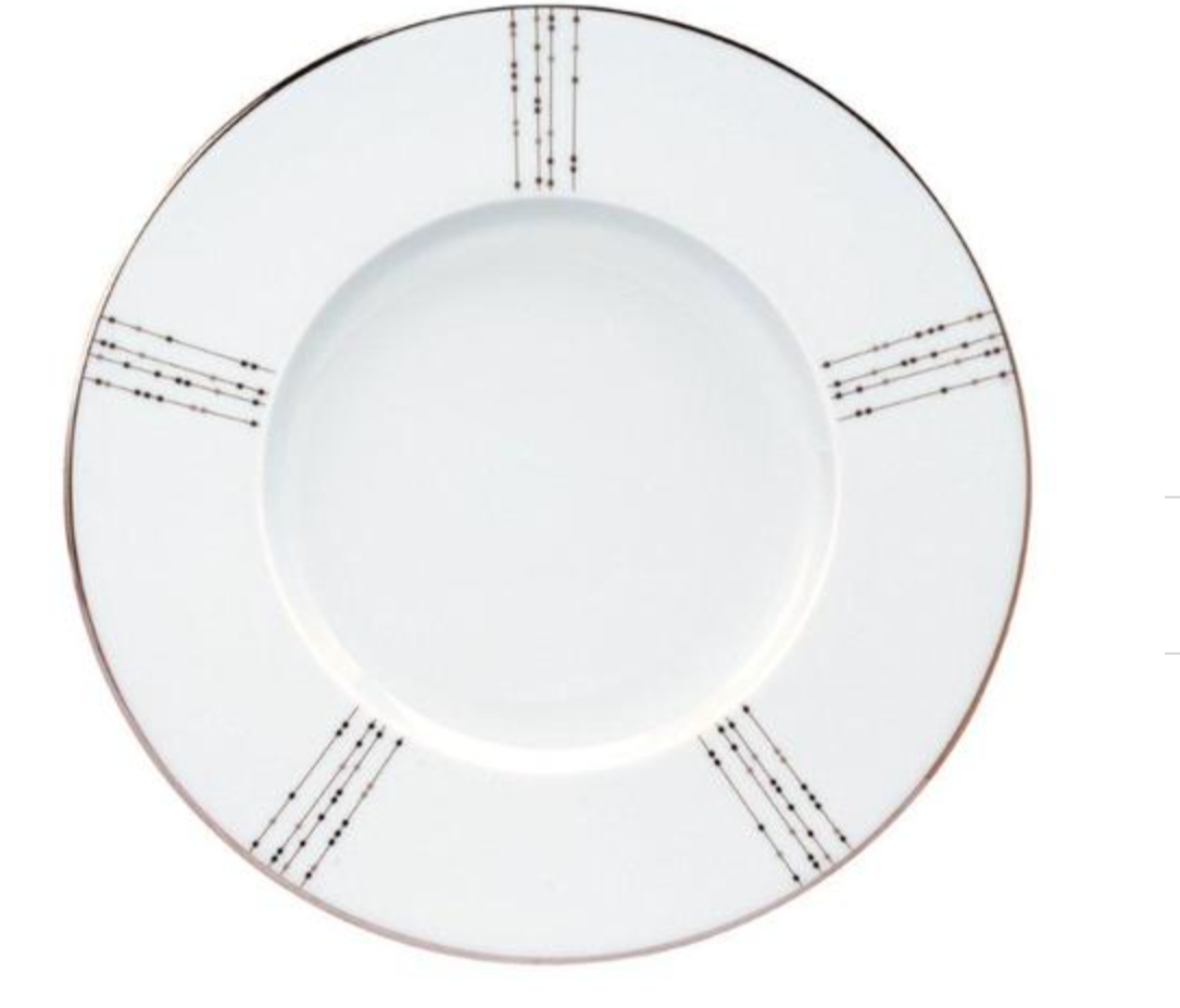 The Philippe Deshoulieres Carrousel Dinnerware is a white Limoges porcelain plate featuring a silver rim and three sets of parallel silver dotted lines radiating from the edge toward the center.