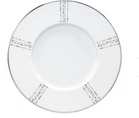 The Philippe Deshoulieres Carrousel Dinnerware is a white Limoges porcelain plate featuring a silver rim and three sets of parallel silver dotted lines radiating from the edge toward the center.