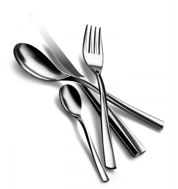 The Mepra Elicia Flatware 5 Piece Setting includes a spoon, knife, fork, and two smaller spoons in stainless steel, shown overlapping on a white background.