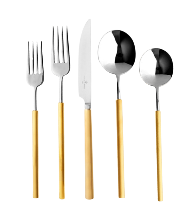 The Vista Alegre Domo Matt Gold Flatware 5 Piece Setting features two forks, a knife, a tablespoon, and a teaspoon with gold-toned tops and light wooden handles displayed in a row on a white background.