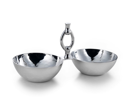 The Omega 2 Bowl Set by Mary Jurek features hand-hammered silver bowls with a decorative ring handle. This modern serveware stands out on a white background and elevates any table setting.