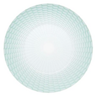The Venezia Dinnerware by Vista Alegre is a round, white porcelain plate featuring raised light blue-green ovals in concentric circles radiating from the center.
