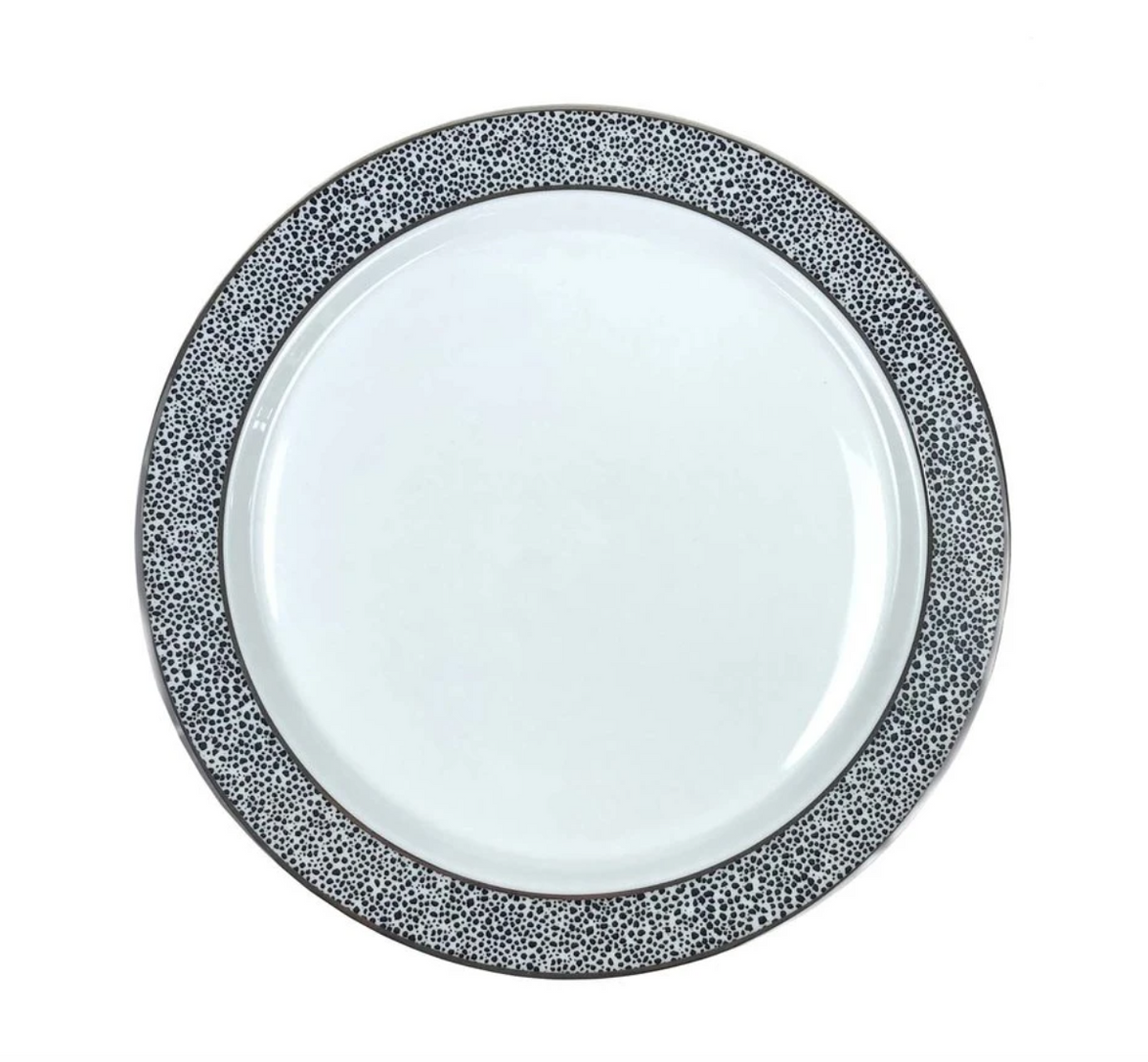 A round white porcelain plate from the Michael Wainwright Panthera Dinnerware Platinum collection features a wide, textured platinum and white speckled border, viewed from above on a plain white background.