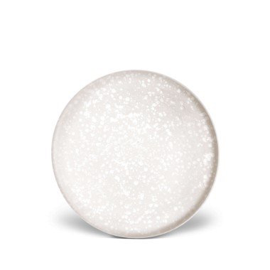 The Alchimie Dinnerware White by L'Objet is a round white plate with a subtle speckled pattern, crafted from luxury tableware and shown against a plain white background.