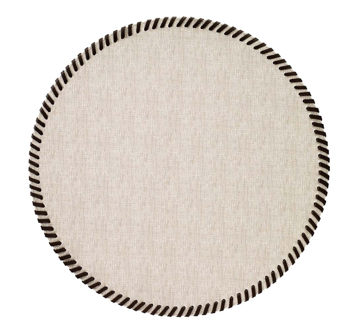The Bodrum Whipstich Round Placemat Set of 4 features light beige round placemats with a dark brown, thick whipstitch border, shown on a white background.