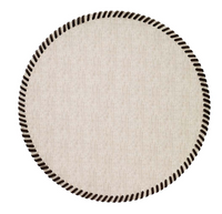 The Bodrum Whipstich Round Placemat Set of 4 features light beige round placemats with a dark brown, thick whipstitch border, shown on a white background.
