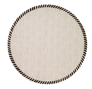 The Bodrum Whipstich Round Placemat Set of 4 features light beige round placemats with a dark brown, thick whipstitch border, shown on a white background.