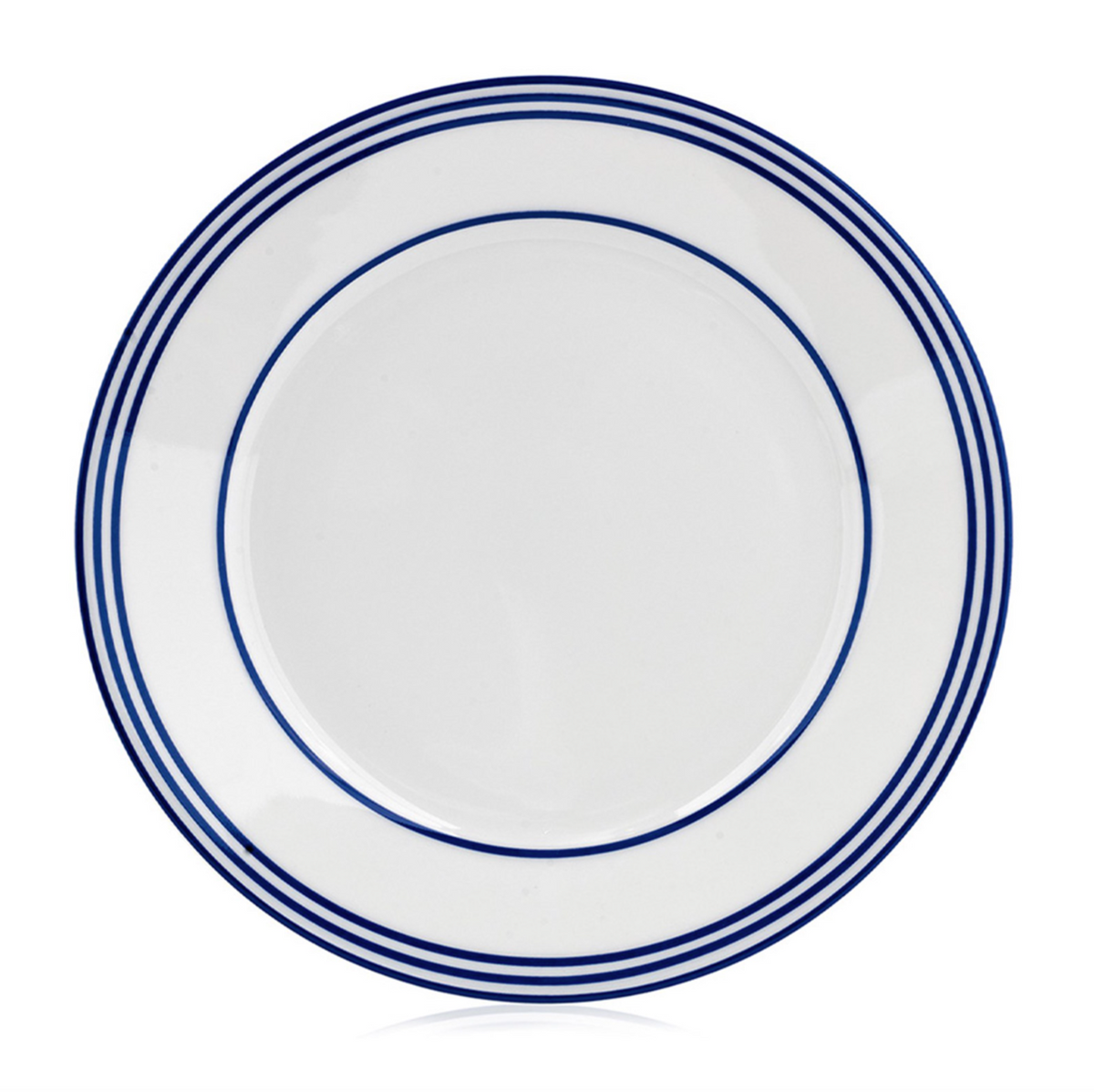 The Latitudes Dinnerware by Royal Limoges is a handmade white ceramic plate featuring three blue concentric rings around the rim, shown from above on a white background.