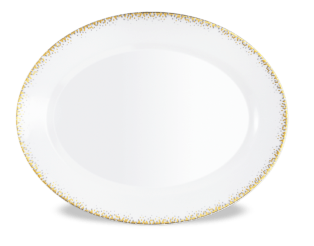 The Haviland Souffle D'or Dinnerware features a white oval porcelain plate with a gold-speckled rim, elegantly displayed on a white background.