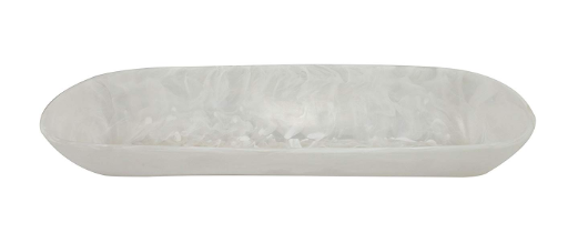 The Nashi Home Swirl Resin Classic Boat Bowl is a long, oval-shaped, shatterproof serveware piece featuring a glossy marbled white and gray finish—ideal for any setting.