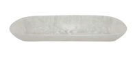 The Nashi Home Swirl Resin Classic Boat Bowl is a long, oval-shaped, shatterproof serveware piece featuring a glossy marbled white and gray finish—ideal for any setting.
