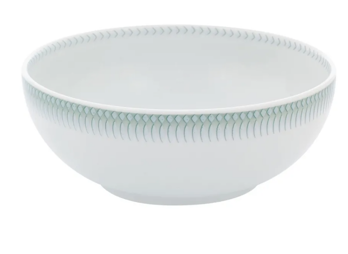 The Vista Alegre Venezia Dinnerware bowl is white ceramic with a subtle pattern of light blue-green lines and dots around the rim, set against a plain white background.