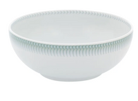 The Vista Alegre Venezia Dinnerware bowl is white ceramic with a subtle pattern of light blue-green lines and dots around the rim, set against a plain white background.
