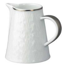 A white Raynaud Mineral Irise Dinnerware Platinum porcelain pitcher features a textured surface, platinum rim, and curved handle, shown on a plain background.