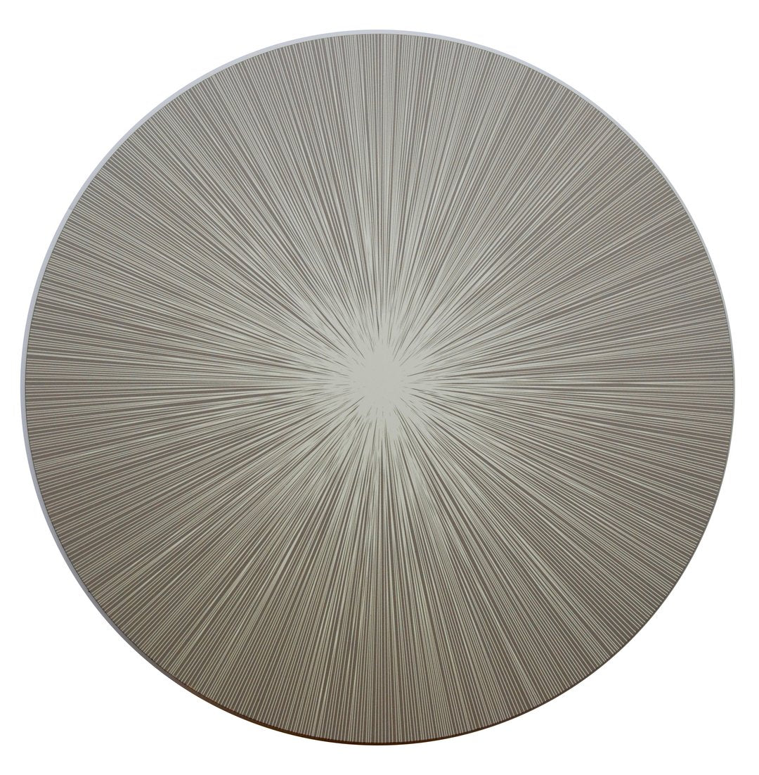 A circular artwork with thin, radiating lines in neutral tones evokes a starburst effect—perfectly reminiscent of our Tisch New York Lines Shadow Placemat Set of 4.