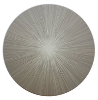 A circular artwork with thin, radiating lines in neutral tones evokes a starburst effect—perfectly reminiscent of our Tisch New York Lines Shadow Placemat Set of 4.