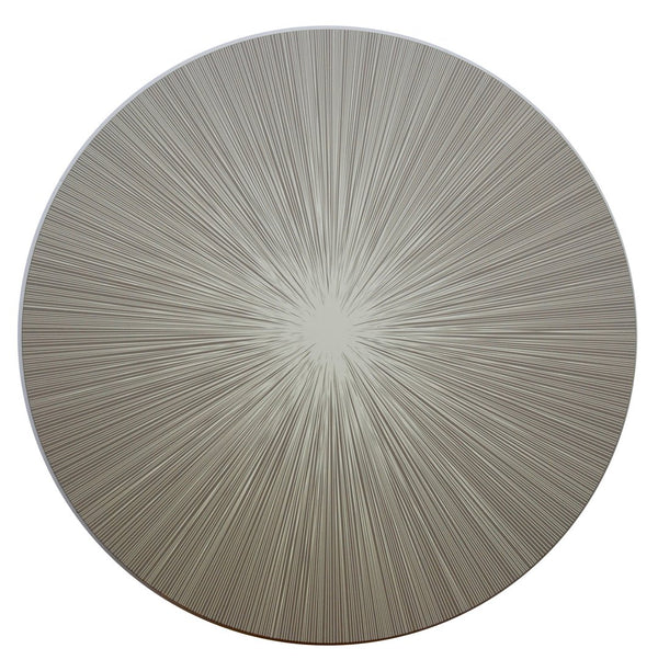 A circular artwork with thin, radiating lines in neutral tones evokes a starburst effect—perfectly reminiscent of our Tisch New York Lines Shadow Placemat Set of 4.