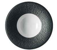 The Raynaud Mineral Irise Dinnerware - Black features a white bowl with a textured black rim, ideal for complementing modern dinnerware or iridescent plates.