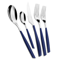 The Casa Bugatti Glamour Colorful Flatware 5 Piece Set features blue handles and includes a knife, large fork, small fork, large spoon, and small spoon. Dishwasher safe—perfect for casual dining.