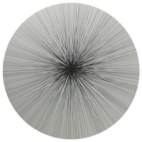 The Lines Placemat Set of 4 by Tisch New York features a circular black and white abstract design with radiating lines and a cork back, blending elegance and durability—perfect for adding luxury to any table setting.