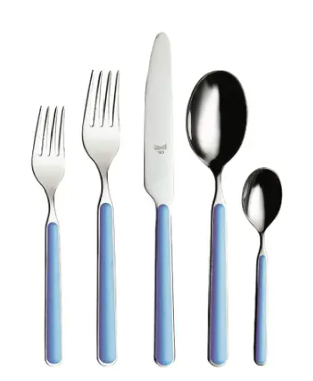 The Mepra Fantasia Flatware 5 Piece Set features Italian utensils with light blue resin handles—dinner fork, salad fork, dinner knife, soup spoon, and teaspoon—dishwasher safe and perfect for everyday use. Available in 16 colors.