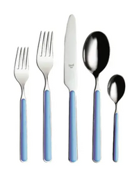 The Mepra Fantasia Flatware 5 Piece Set features Italian utensils with light blue resin handles—dinner fork, salad fork, dinner knife, soup spoon, and teaspoon—dishwasher safe and perfect for everyday use. Available in 16 colors.