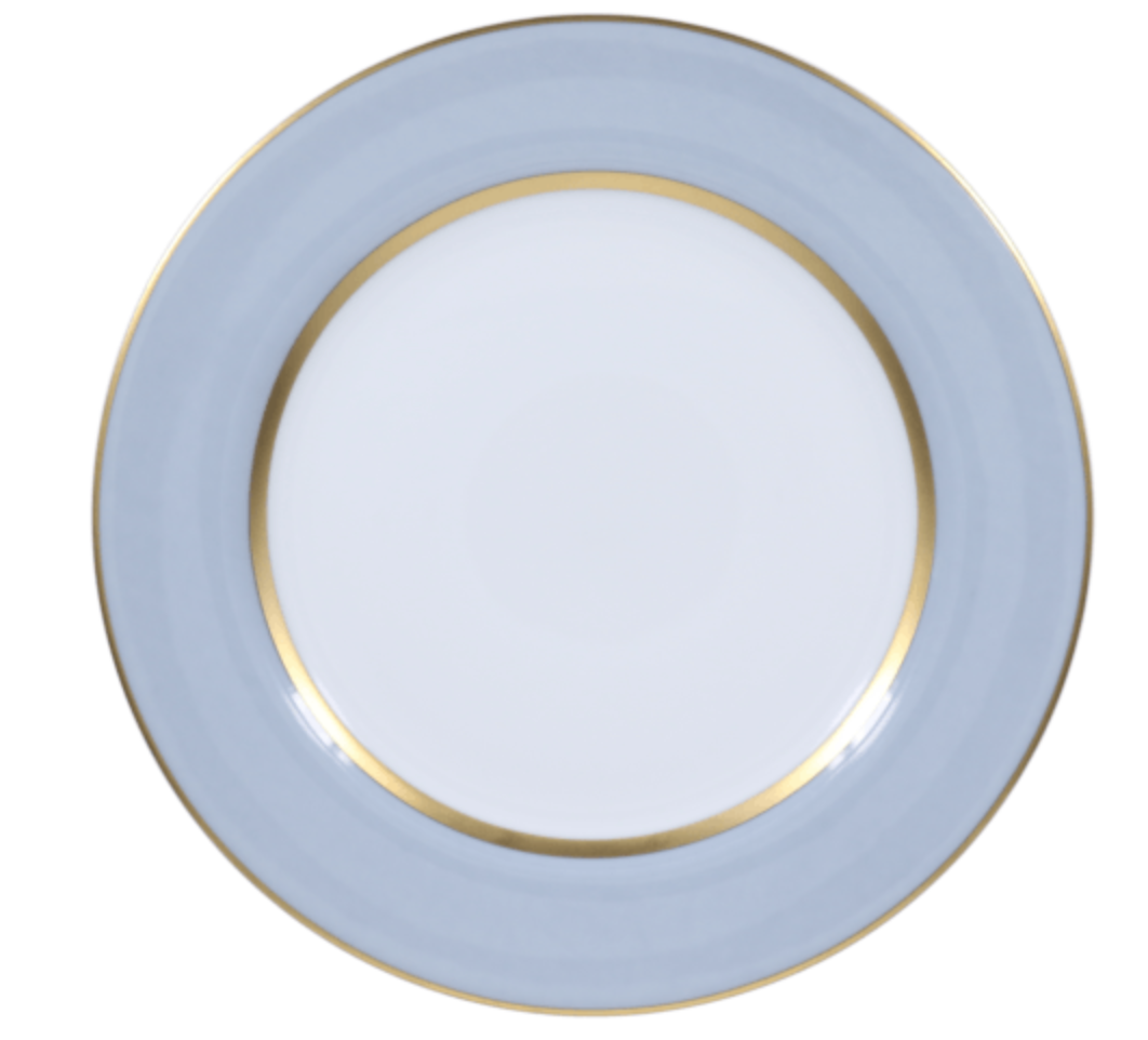 A round white Recamier Grey & Gold dinner plate by Royal Limoges, made in France, features a wide light blue rim and two thin gold bands on the edge, shown from above.