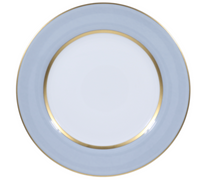 A round white Recamier Grey & Gold dinner plate by Royal Limoges, made in France, features a wide light blue rim and two thin gold bands on the edge, shown from above.