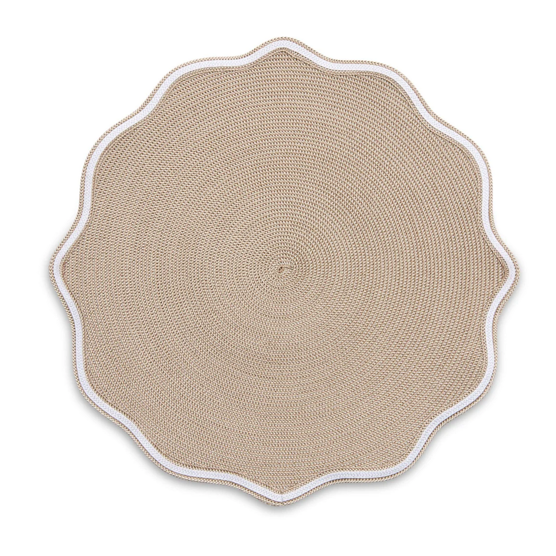 A round, woven Deborah Rhodes Piped Oxford Placemat in Ivory Dust features a scalloped edge and white border. Its natural fiber texture and neutral style bring subtle luxury. Sold as a set of 4; shown against a white background.