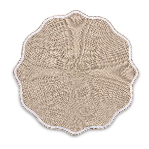 A round, woven Deborah Rhodes Piped Oxford Placemat in Ivory Dust features a scalloped edge and white border. Its natural fiber texture and neutral style bring subtle luxury. Sold as a set of 4; shown against a white background.