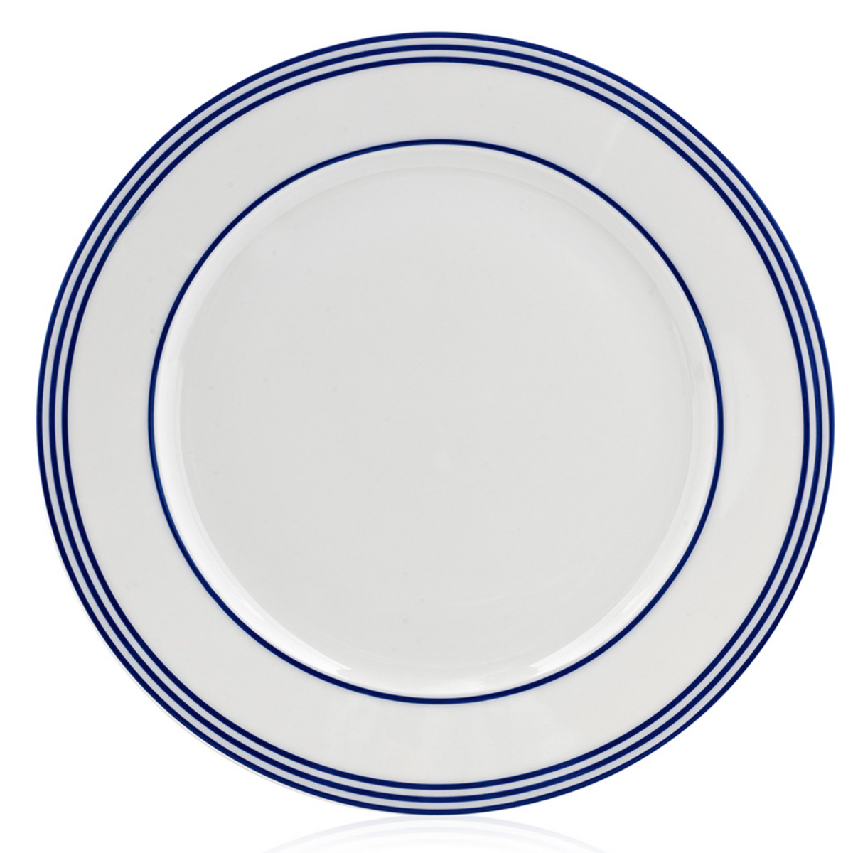 A Royal Limoges Latitudes Dinnerware plate in white porcelain features three thin blue lines on the rim, shown from above on a white background.
