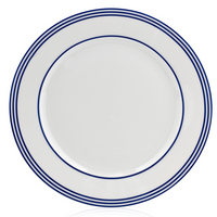 A Royal Limoges Latitudes Dinnerware plate in white porcelain features three thin blue lines on the rim, shown from above on a white background.