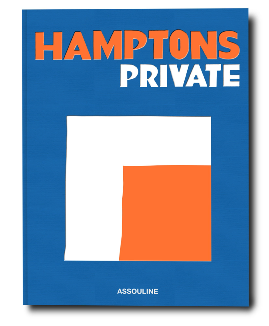 Hamptons Private by Assouline features a blue cover with bold orange and white lettering and a minimalistic abstract design—ideal for Hamptons fans or summer dreamers. "Assouline" is printed at the bottom.