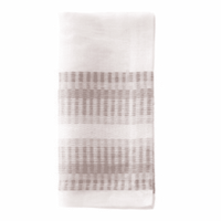 The Bodrum Metro Napkin Neutral Set of 4 features elegant white woven napkins with horizontal taupe stripes, displayed on a white background. These machine washable napkins combine style and easy care.