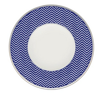 The Vista Alegre Harvard Dinnerware plate features a wide blue border with a white chevron pattern and a plain white center, offering classic New England style.