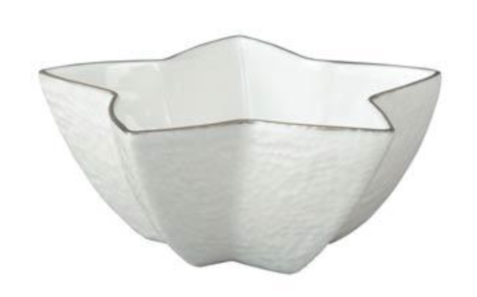 A white, star-shaped Limoges porcelain bowl with a textured surface and platinum rim from Raynaud's Mineral Irise Dinnerware Platinum collection.