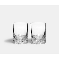 The Richard Brendon Diamond Shot Glass Set of 2 features clear crystal shot glasses with a diamond-cut pattern at the base, displayed side by side on a plain white background.