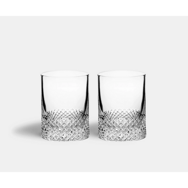 The Richard Brendon Diamond Shot Glass Set of 2 features clear crystal shot glasses with a diamond-cut pattern at the base, displayed side by side on a plain white background.
