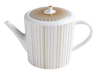 The Sol Dinnerware teapot by Bernardaud is a white Limoges porcelain piece with a lid, vertical gold lines, a sunburst top pattern, and an elegant curved handle and spout.