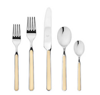The Mepra Fantasia Flatware 5 Piece Set, shown in beige, features two forks, a knife, a soup spoon, and a teaspoon with resin handles—stylish, dishwasher safe flatware available in 16 colors. All pieces are neatly arranged on a white background.