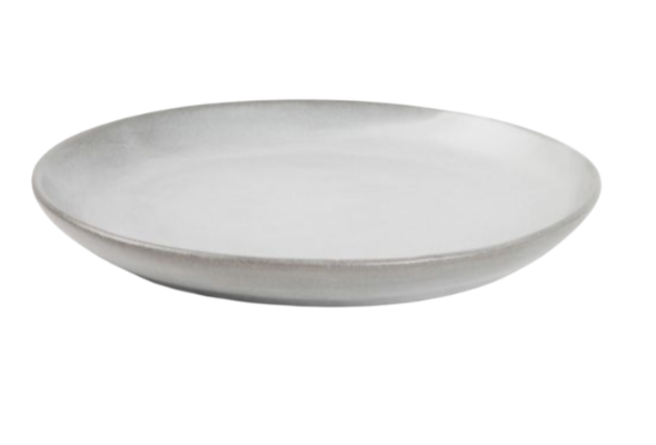 The Marcus Cement Dinnerware Set of 4 by Blue Pheasant features light gray ceramic plates with darker gray rims, crafted as organic dinnerware and shown from the side against a white background.